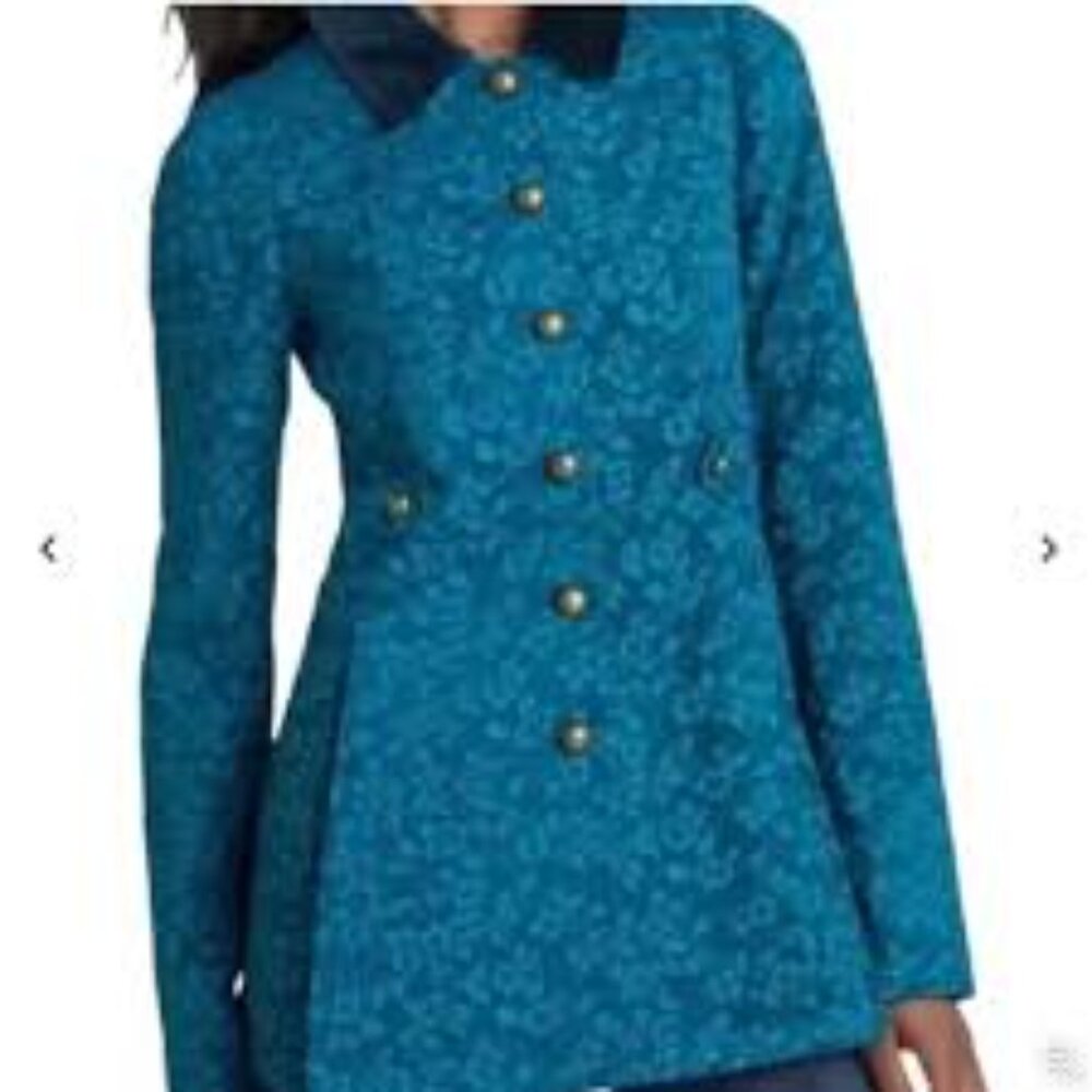 ✅ FREE PEOPLE Gypsy BOHO Jacquard Teal Military Coat WITH VELVET COLLAR SIZE 4